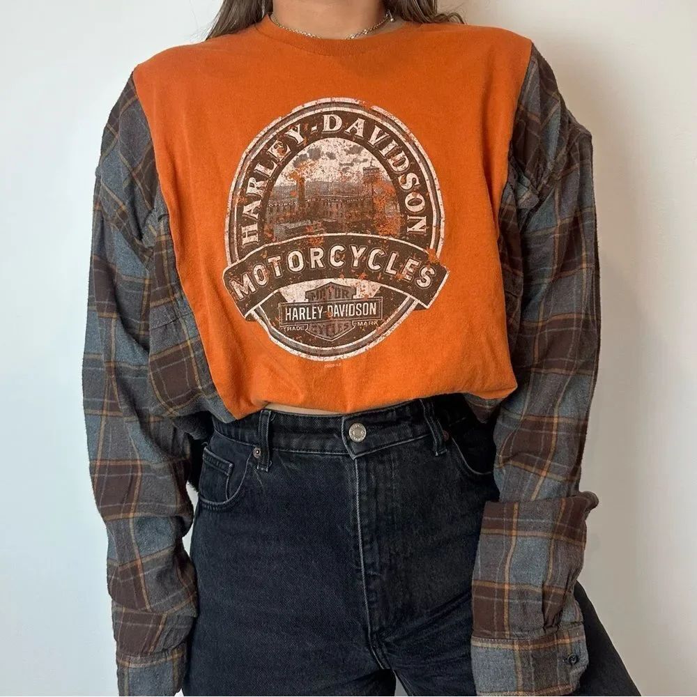 Reworked Upcycled Harley-Davidson Long Sleeve Plaid Flannel Loose Fit Shirt Top